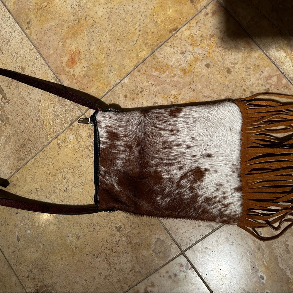 Brown and White Fringe Shoulder Bag